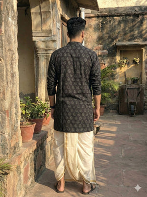 Back view of the black Adhik Kurta showing all over paisley block print across the shoulder yoke