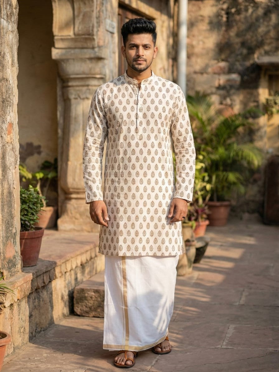 Natural off white Adhik Kurta, cream paisley block print on cotton, front view on male model