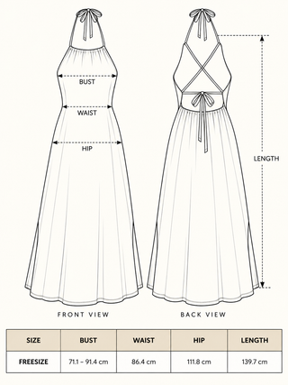 Adina Maxi Dress size chart showing free size bust, waist, hip and length measurements in centimetres