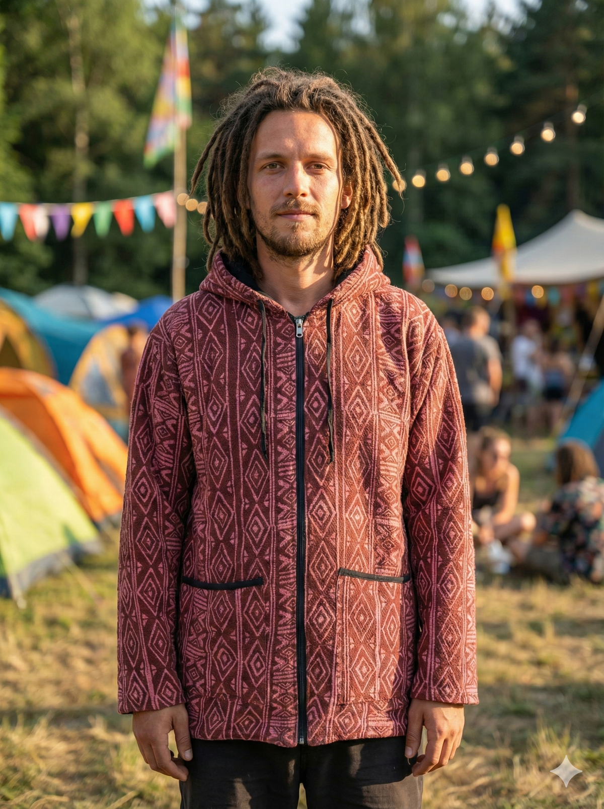 Man wearing the maroon wool-blend hooded jacket zipped at a festival campsite, front view, hood down, tents behind