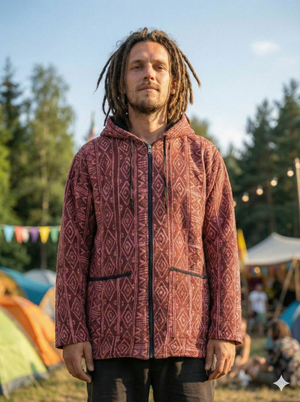 Front three-quarter portrait of the maroon geometric-weave hooded jacket under blue sky, tents and trees behind