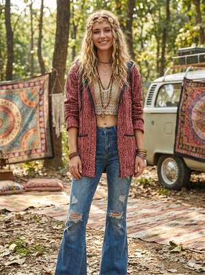 Woman wearing the maroon hooded jacket open over a crochet crop top and flared jeans at a woodland campsite