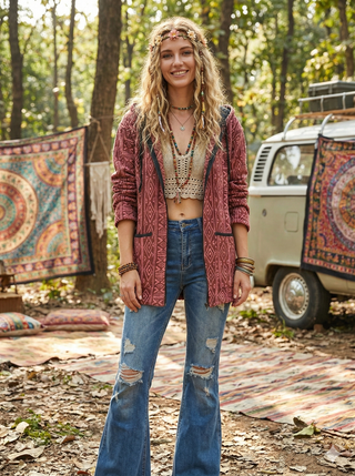 Woman wearing the maroon hooded jacket open over a crochet crop top and flared jeans at a woodland campsite