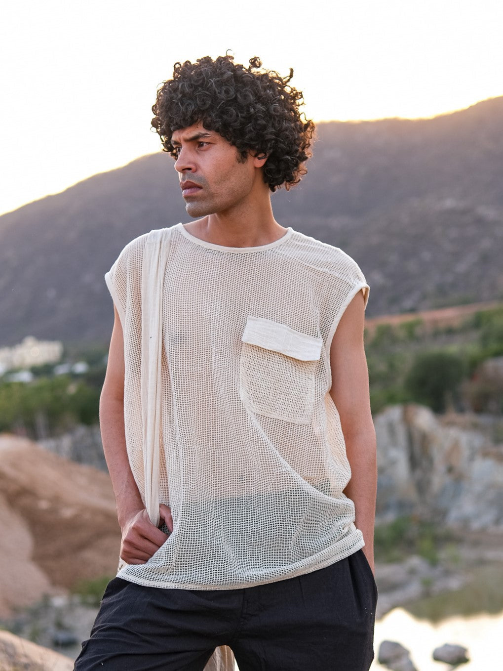 Aeson T-Shirt mesh tank for men styled outdoors in natural light