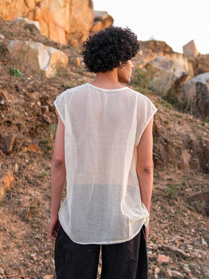 Back view of the Aeson T-Shirt showing the open cotton mesh knit and curved hem