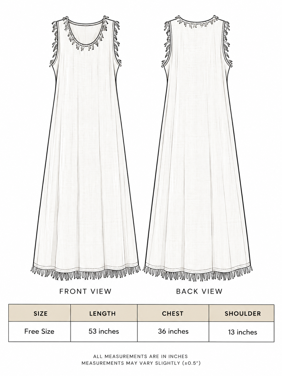 Afra Maxi Dress size chart showing free size, length 53 inches, chest 36 inches, shoulder 13 inches