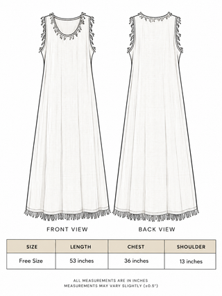 Afra Maxi Dress size chart showing free size, length 53 inches, chest 36 inches, shoulder 13 inches
