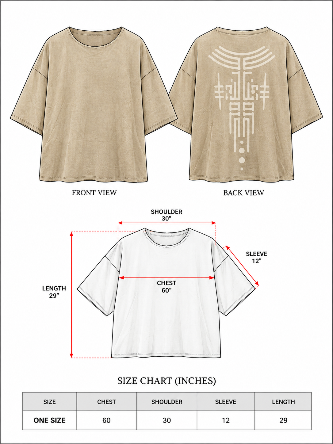 Aks-e-Rekha unisex oversized tee size chart, one size, chest 60, shoulder 30, sleeve 12, length 29 inches