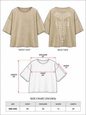 Aks-e-Rekha unisex oversized tee size chart, one size, chest 60, shoulder 30, sleeve 12, length 29 inches