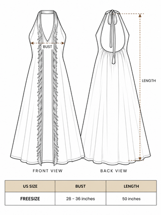 Alaya Dress freesize size chart: bust 28 to 36 inches, length 50 inches, front and back views