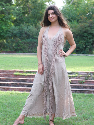 Alaya Dress natural fringe maxi full-length, front view on garden lawn