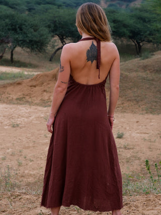 Alaya Dress wine-brown fringe maxi, back view showing open back and tassel tie, orchard