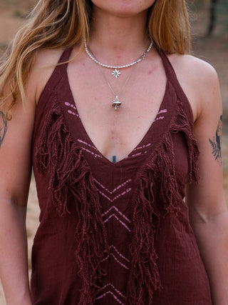 Alaya Dress wine-brown neckline close-up, fringe detail and tie-dye chevron stitching