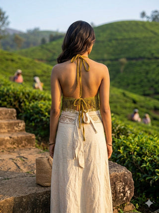 Back view of the mustard yellow Amra fringe halter top tied at neck and waist