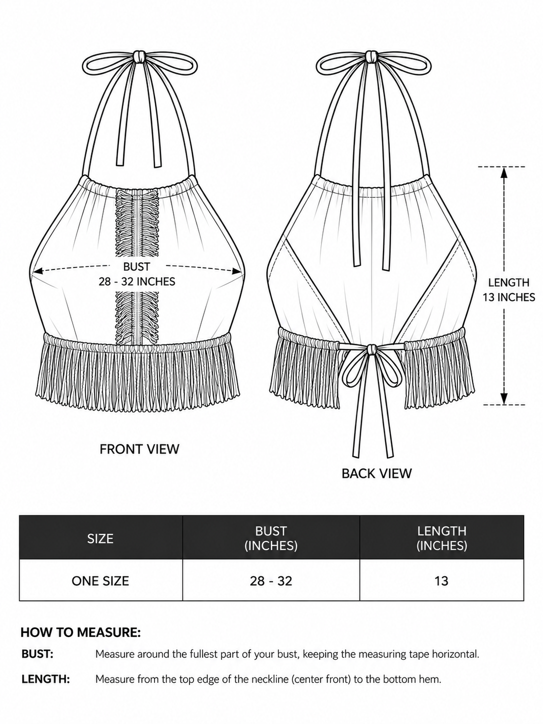 Amra fringe halter top size chart: one size, bust 28 to 32 inches, length 13 inches
