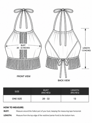 Amra fringe halter top size chart: one size, bust 28 to 32 inches, length 13 inches