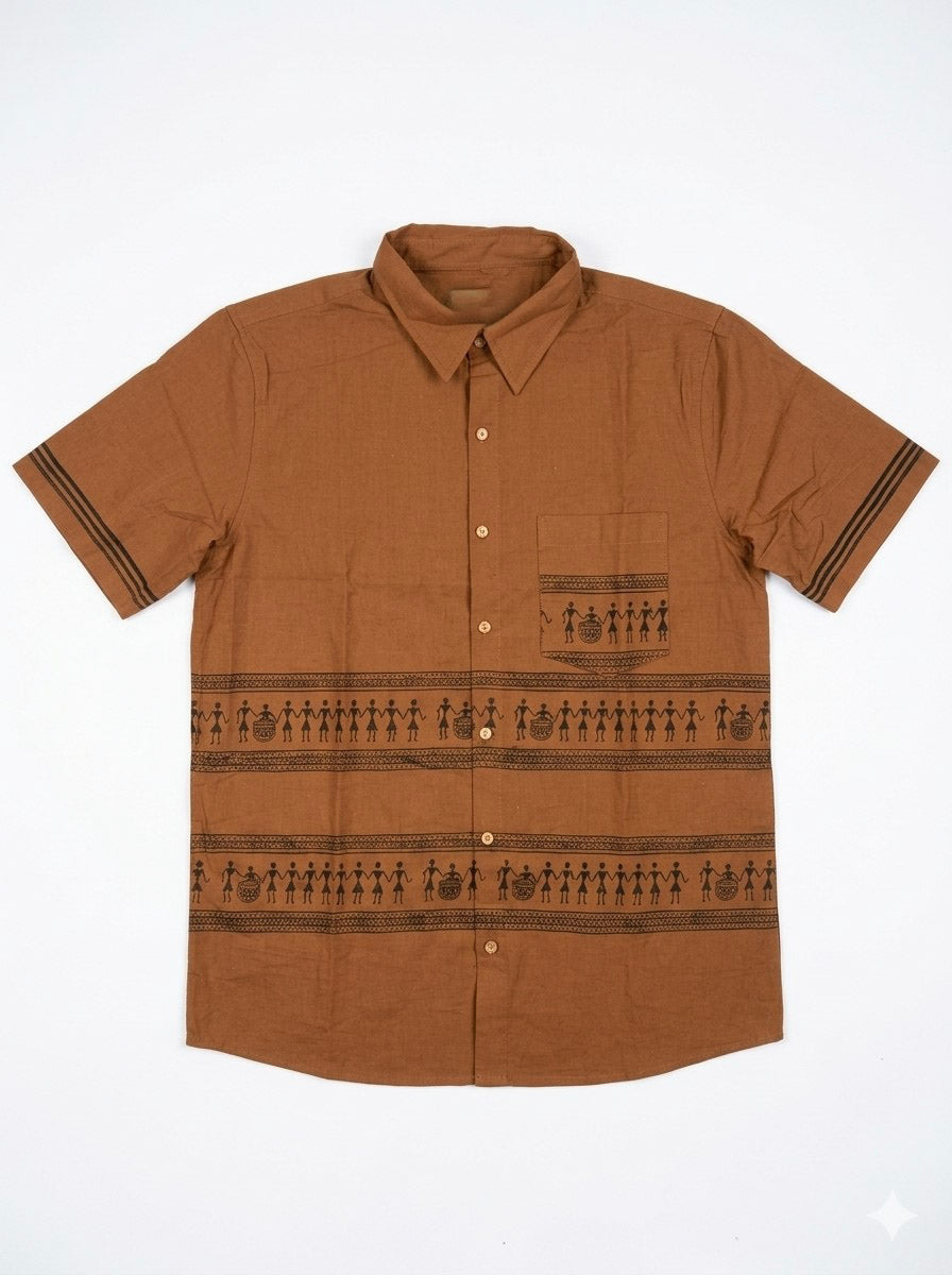 Flat-lay of the Amrit handblock print cotton shirt for men, brown button-down on white