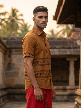 Side view of the Amrit ochre-brown handblock print cotton shirt for men, tribal band detailing