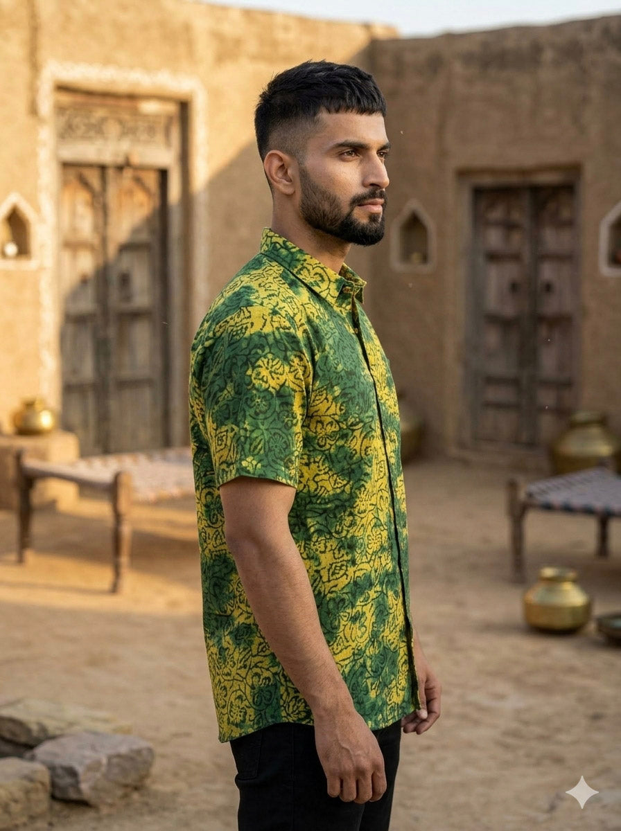 Side view of the Anshul Shirt, green and mustard yellow hand block floral print cotton
