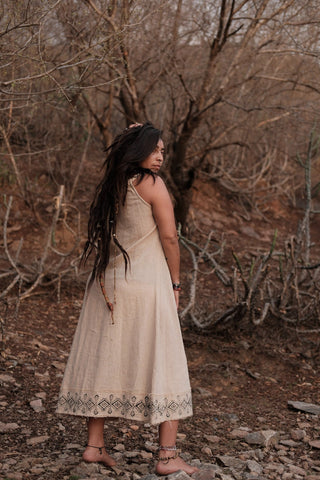 Anuradha block print maxi dress back view showing the black diamond border motif along the hem