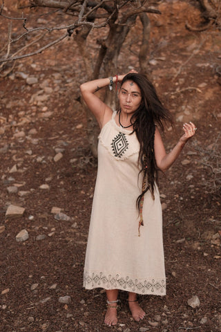 Anuradha beige block print cotton maxi dress, full-length front view with sleeveless halter neckline