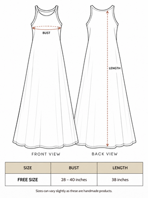Anuradha maxi dress size chart, free size bust 28 to 40 inches with a 38 inch length