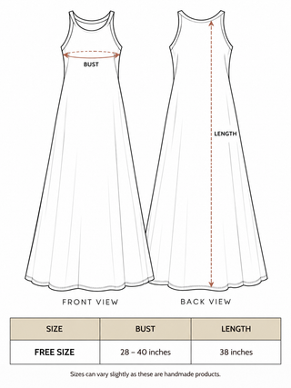 Anuradha maxi dress size chart, free size bust 28 to 40 inches with a 38 inch length