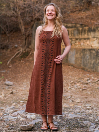 Front view of the chocolate brown Anusrava cotton maxi dress with a hand block print centre panel, worn by a standing model