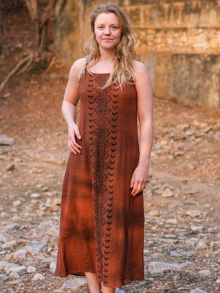 Three-quarter view of the Anusrava brown cotton maxi dress with its geometric hand block print panel and straight hem