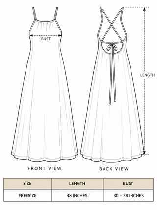 Anusrava Maxi Dress size chart with front and back drawings and a table listing free size, 48 inch length, 30 to 38 inch bust