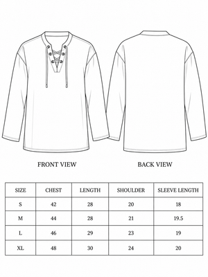 Arok Kurta size chart with chest, length, shoulder and sleeve measurements for sizes S, M, L, XL.