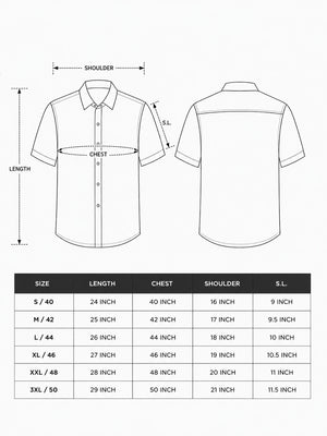 Aruvan shirt size chart with length, chest, shoulder and sleeve measurements in inches