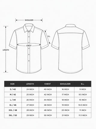 Aruvan shirt size chart with length, chest, shoulder and sleeve measurements in inches