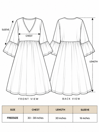 Arva Short Dress free-size chart: chest 30 to 38 inches, length 30 inches, sleeve 16 inches