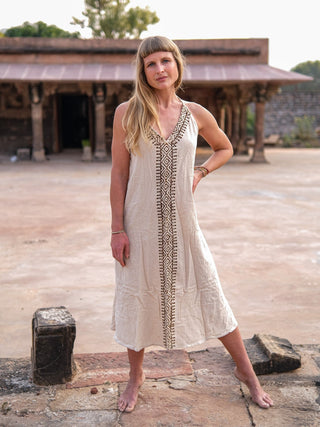 Natural Aurora block print maxi dress, full front view with hand on hip