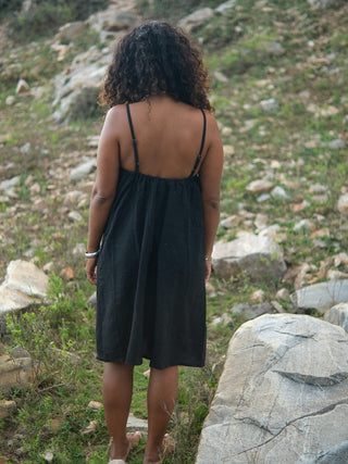 Black khadi slip dress back view with adjustable spaghetti straps
