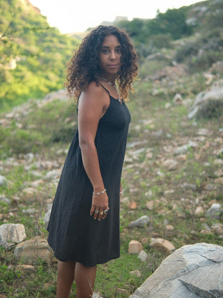 Black khadi cotton slip dress side view, free size A-line silhouette