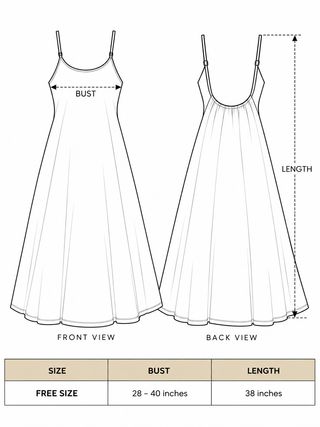 Baani khadi slip dress size chart: free size, bust 28 to 40 inches, length 38 inches
