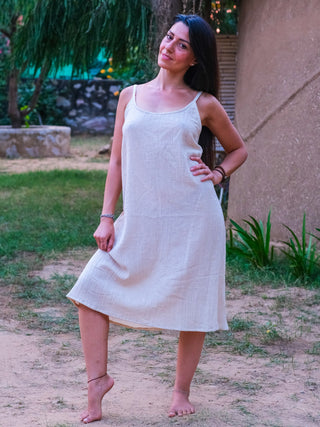 Natural cream handloom khadi slip dress for women, front view, relaxed A-line silhouette