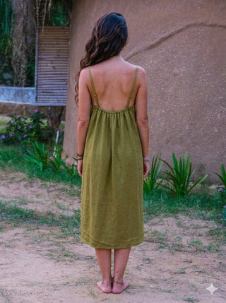 Olive green khadi cotton slip dress back view showing gathered back seam