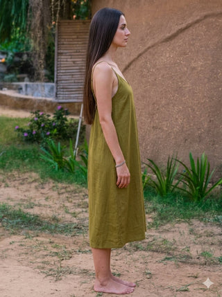 Side profile of olive green handloom khadi slip dress showing A-line fall
