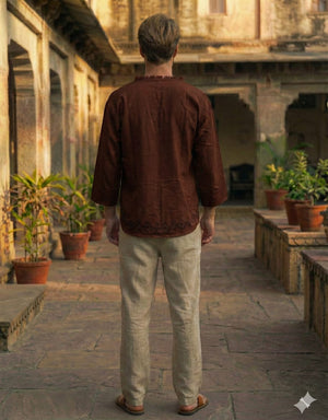 Dark brown baggy kurta from behind with block printed hem border and beige trousers