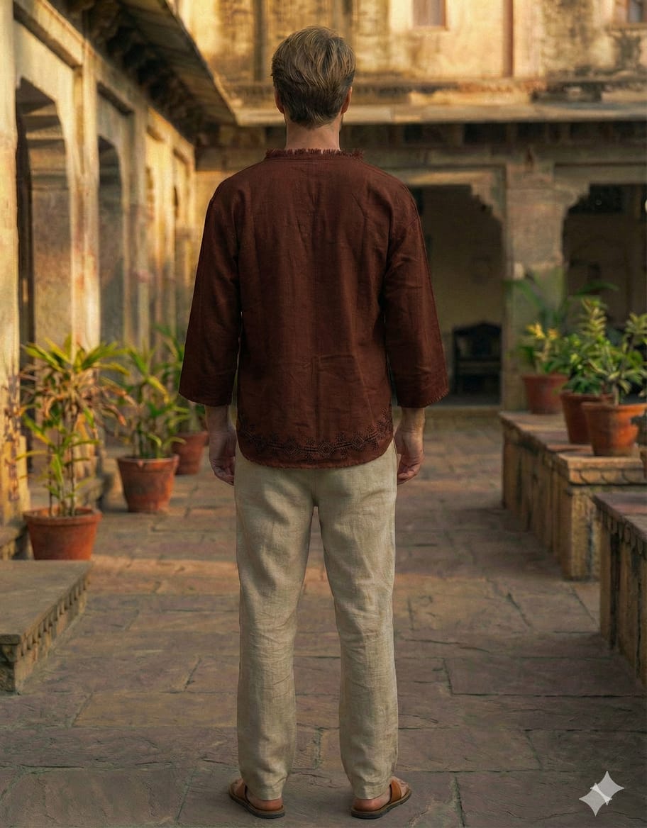 Dark brown baggy kurta from behind with block printed hem border and beige trousers