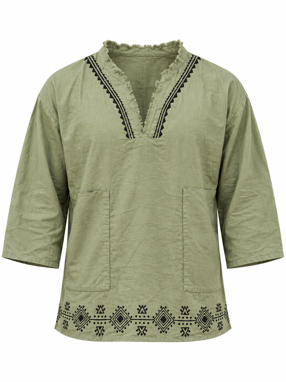 Flat lay green baggy kurta showing V-slit neck, two front patch pockets and hem print