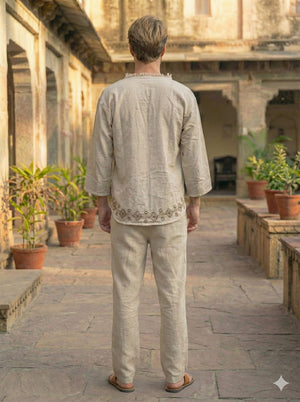 Back view of natural cream baggy kurta with block print hem border and straight trousers