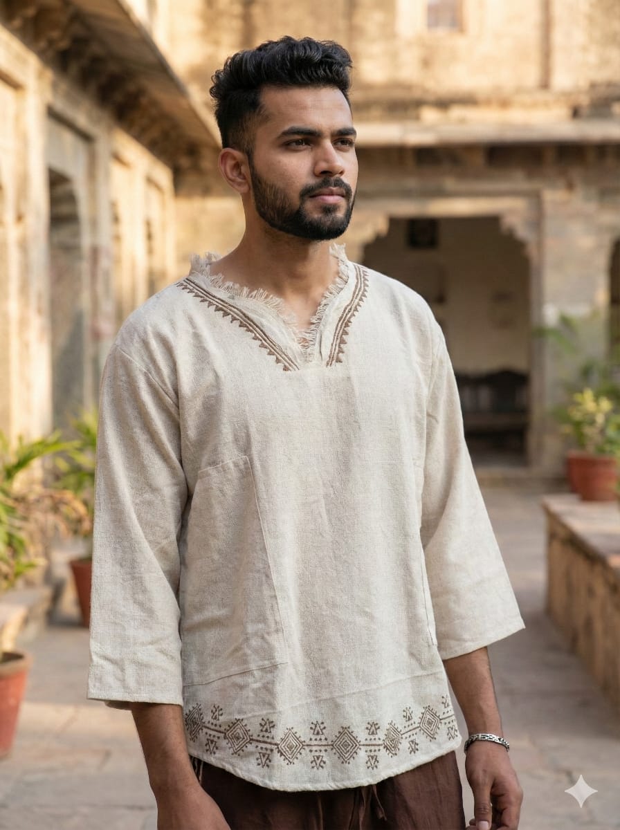 Natural cream baggy kurta with block print neck trim, worn in a stone courtyard