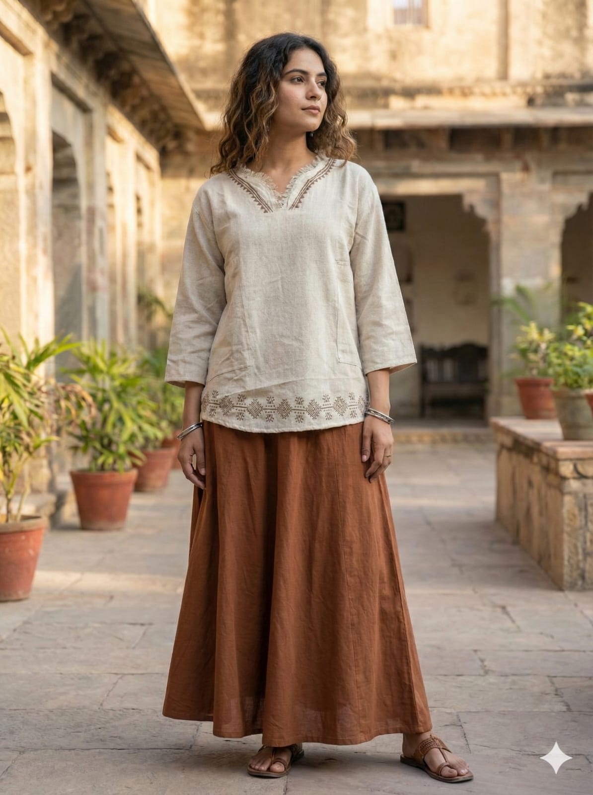 Natural baggy kurta worn by a woman with a rust skirt, showing the unisex cut