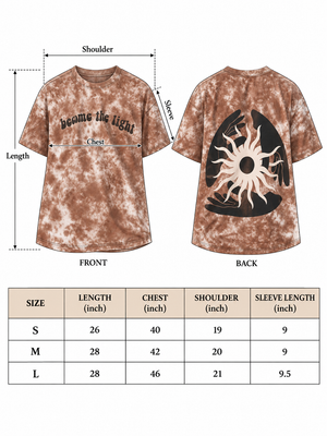 Size chart for the Become the Light brown tie-dye tee listing length, chest, shoulder and sleeve for S, M and L.