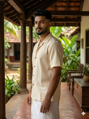 Angled view of the Sukoon beige cotton shirt for men with the open resort collar and buttoned chest pocket