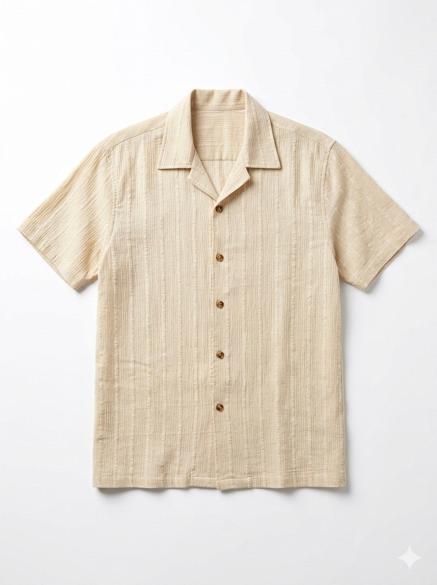 Flat lay of the Sukoon beige cotton half sleeve shirt for men with an open resort collar and chest pockets